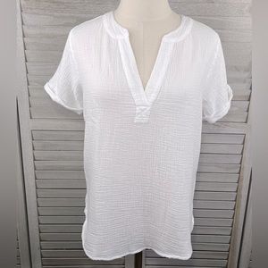 BOBI LOS ANGELES Rolled Sleeve V Neck Henley Top (White)-Various Sizes